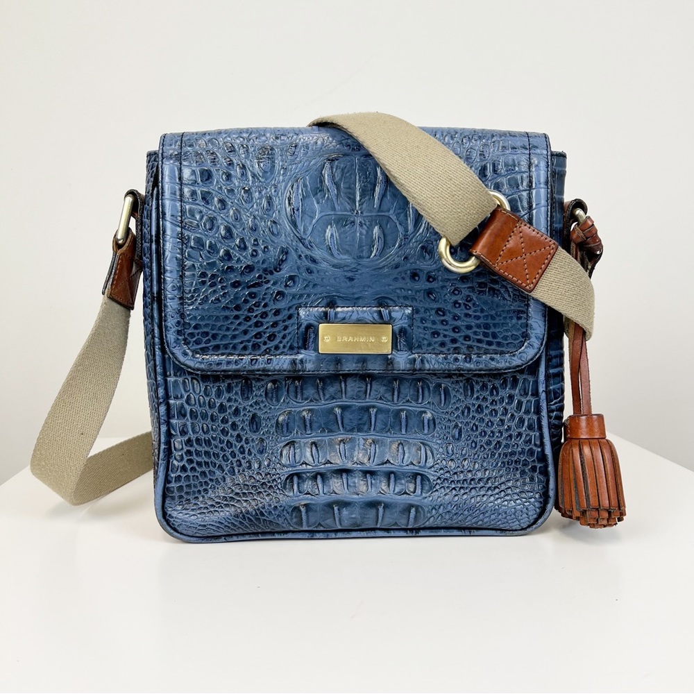 BRAHMIN Blue Crocodile Embossed Fold Over Flap Crossbody